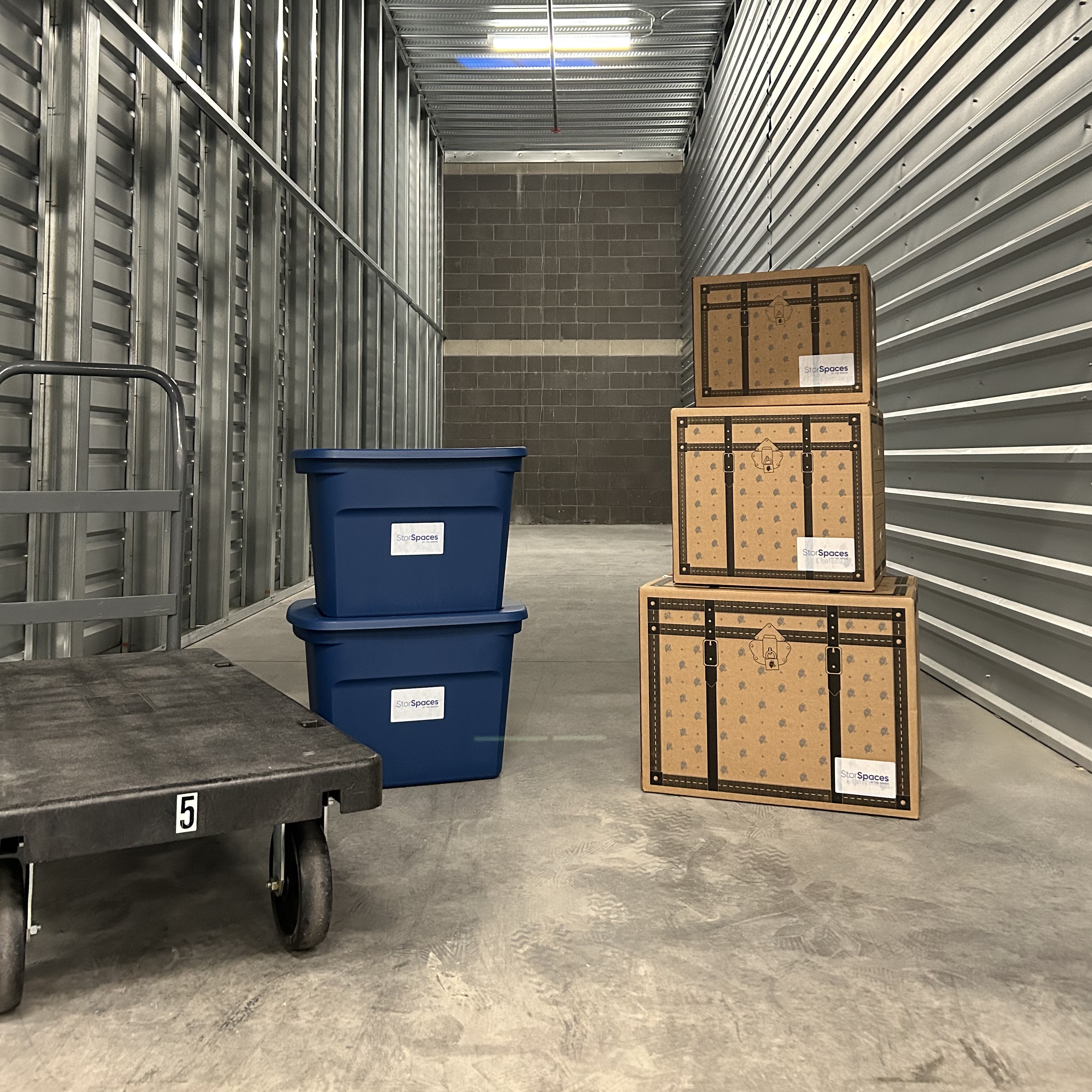 Storage bins and boxes inside self-storage facility in Arizona.